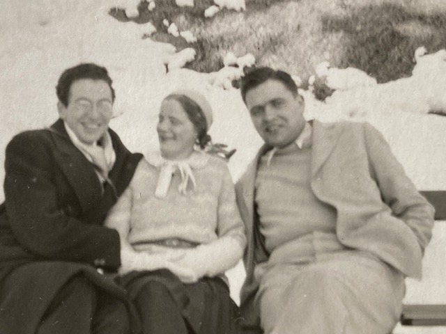 Bernard Kronenberg, translator, (left with glasses), Hans Huber, publisher, (right), unidentified woman (center), Switzerland, early 1930