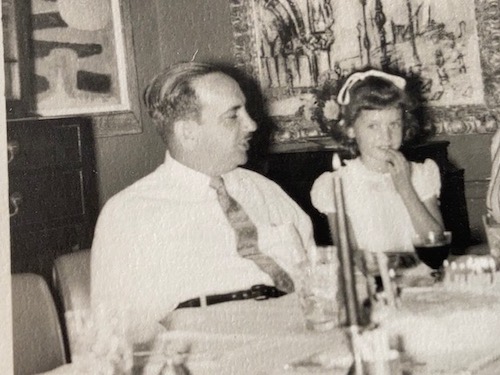 Hans Huber, publisher, visiting New York, with Debra Kronenberg, 1958. Photo by her father, translator Bernard Kronenberg.